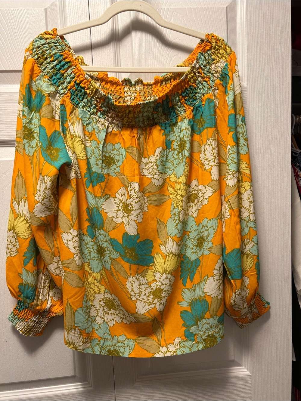 🧡 Diane Gilman Yellow Floral Off-Shoulder Blouse with Teal Accents